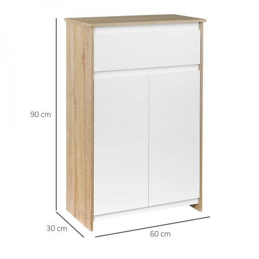 Armario de Baño con 1 Cajón y 2 Puertas Mueble Auxiliar de Estilo Moderno 60x30x90 cm Blanco y Natural [1]