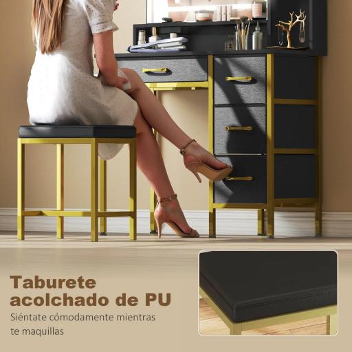 Tocador de Maquillaje con Espejo Luces LED Estación de Carga Taburete Estación de Carga 4 Cajones Negro [3]
