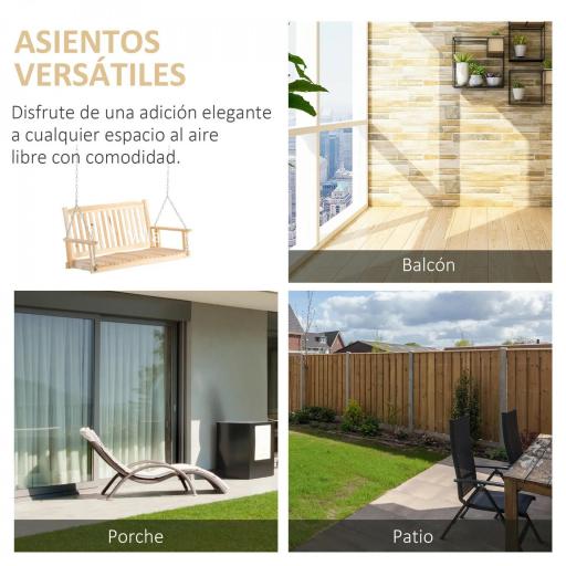 Banco Columpio de Madera de 2 Plazas Ajustable con Respaldo y Apoyabrazos para Exterior Jardín 117x69x60 cm Natural [3]