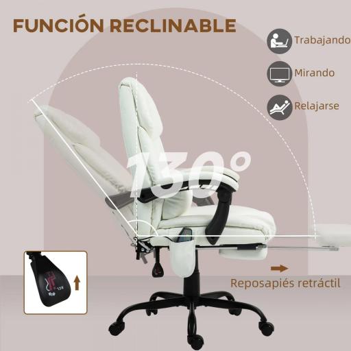 Silla de Oficina con Masaje de 6 Puntos Respaldo Alto Reclinable Altura Ajustable Reposapiés y Mando a Distancia Blanco [3]
