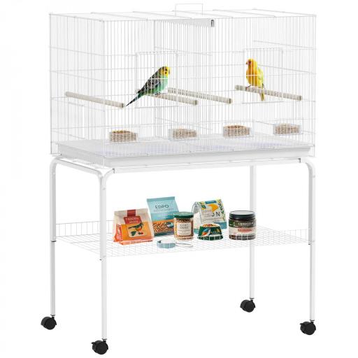 Jaula para Pájaros con Divisor Comederos Bandeja Extraíble y Soporte para Canarios y Periquitos 94x57x57/128 cm Blanco [8]