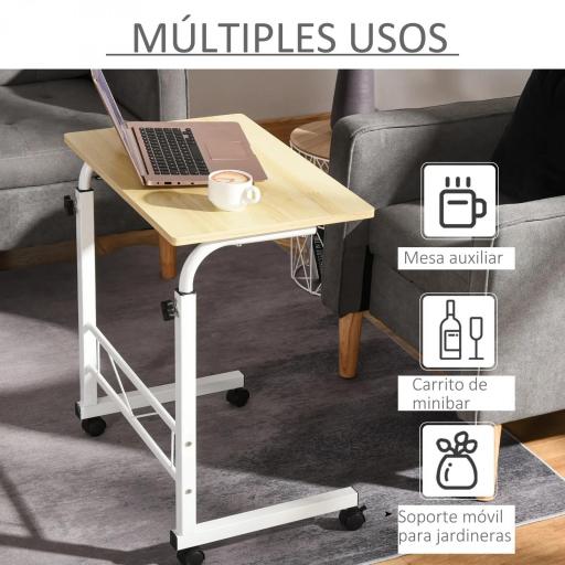 Mesa Auxiliar con Ruedas Mesa para Sofá con Altura Ajustable para Hogar Oficina 60x40x68-78 cm Blanco [3]