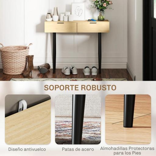 Mueble para Recibidor con 2 Cajones y Patas de Acero para Recibidor Entrada Pasillo 100x30x80,5 cm Roble [3]