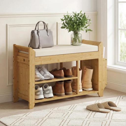 Banco Zapatero con Asiento Acolchado Almacenamiento Lateral Estante para Botas Marco de Bambú 80x30x50 cm Natural [2]