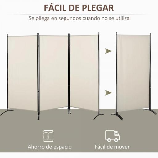 Biombo Separador de Ambientes de 3 Paneles 253x50x182 cm Divisor de Habitación Plegable con 6 Pies de Metal Beige [4]