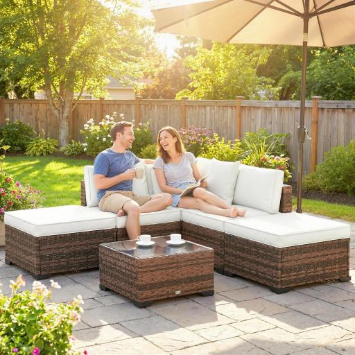 Conjunto de Jardín Exterior de Ratán de 6 Piezas con Silla Esquinero 2 Sillas sin Brazos Reposapiés y Mesa Marrón [4]