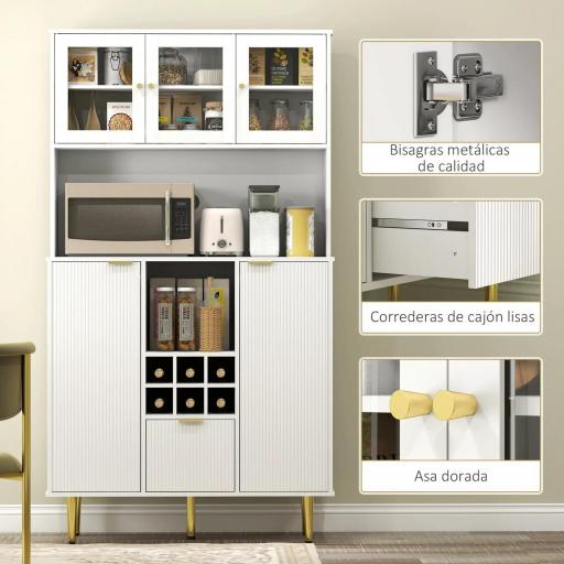 Alacena de Cocina Moderna con Armarios Cajón Botellero y Puertas de Vidrio y Estantes Ajustables 100x40x180 cm Blanco [4]