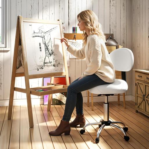 Taburete Giratorio con Respaldo y Ruedas Silla Ajustable para Salones de Belleza Estudio de Tatuajes 50x50x83-98cm Blanco