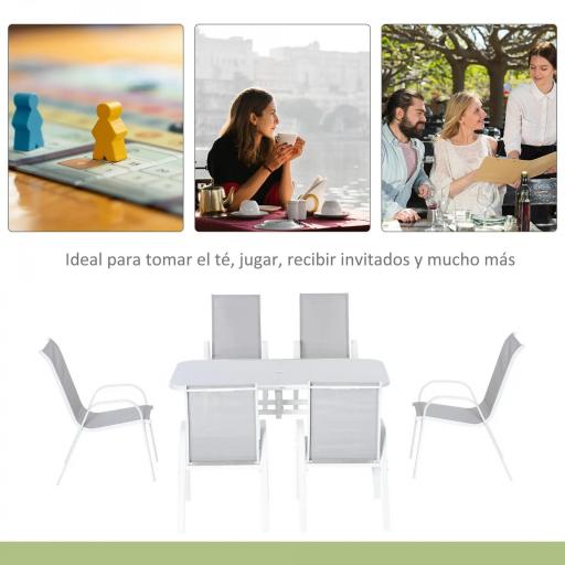 Juego de Mesa y 6 Sillas para Terraza con Orificio para Sombrilla y Encimera de Cristal para Terraza Patio Gris [4]