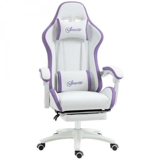 Silla Gaming Silla Gamer de Cuero PU Altura Ajustable Reclinable 135° Reposacabezas y Reposapiés 65x65x121-129 cm Blanco [8]