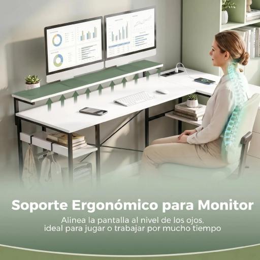 Escritorio en L Reversible con 4 Cajones de Tela 2 Enchufes y 2 Puertos USB Soporte para Monitor 155x112 cm Blanco [4]