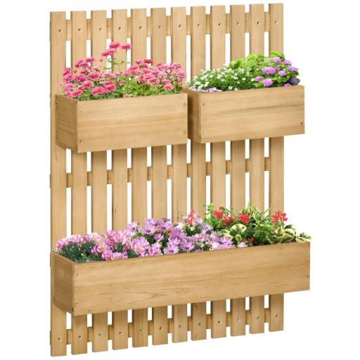 Jardinera de Pared de Madera con Enrejado y 3 Macetas Móviles para Jardín Terraza Patio 60x16x80 cm Natural [10]