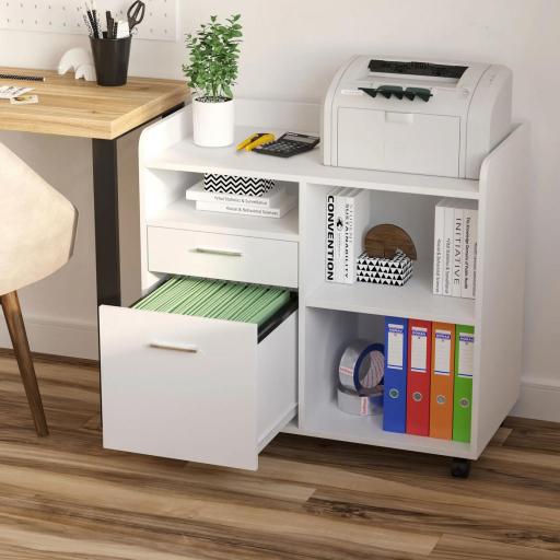 Armario para Impresora con 3 Compartimentos 2 Cajones para Archivos Estante Ajustable Ruedas 80x40x72 cm Blanco