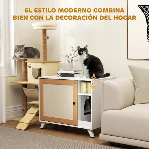 Mueble Arenero para Gatos con Puerta de Sisal Mesa Auxiliar Estante y Alfombrilla Antiarena 77x50x63 cm Blanco [4]