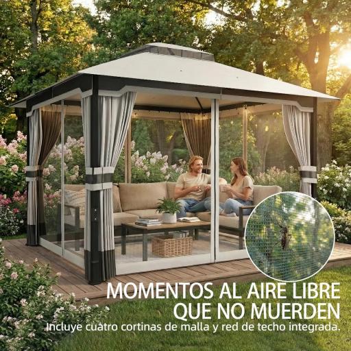 Carpa para Jardín con Techo Doble Cenador con 4 Paredes y Mosquitera para Exterior Terraza 360x300x279 cm Gris Claro [2]