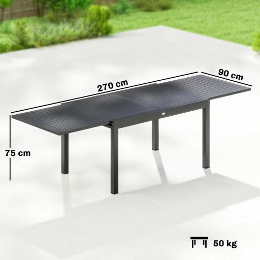 Mesa de Comedor Exterior Extensible 135/270 cm para 6-10 Personas de Aluminio con Tapa de Listones Gris Oscuro [1]
