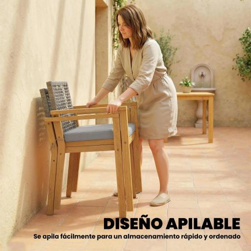 Juego de 2 Sillas de Jardín Exterior de Madera Apilables con Cojines Desmontables Brazos Respaldo 59x55x86 cm Natural [7]