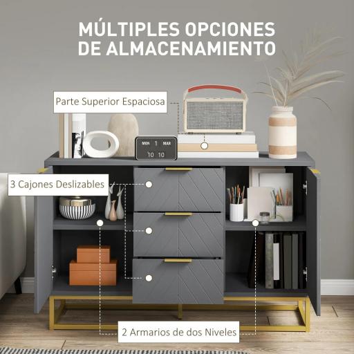 Aparador para Salón con 3 Cajones 2 Puertas y Estante Ajustable Mueble Auxiliar para Salón Antivuelco 120x40x76 cm Gris [7]
