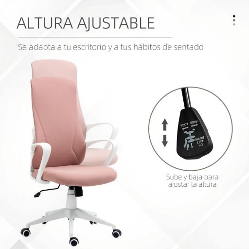 Silla de Oficina Giratoria Altura Ajustable con Reposabrazos Función de Basculante Respaldo Alto 62x56x110-119,5cm Rosa [2]