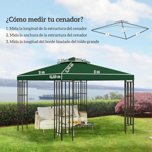 Techo de Repuesto para Cenador, 3x3 m, Cubierta de Repuesto con Techo Doble, 8 Orificios de Drenaje y Protección UV, SOLO Toldo de Recambio para Pabellón Gazebo, Verde [3]