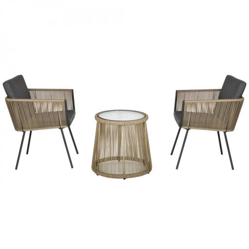 Juego de 2 Sillas y Mesa de Ratán con Cojines Acolchados y Encimera de Vidrio para Balcón Terraza Café y Gris [9]