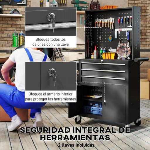 Carro de Herramientas con 3 Cajones Tabla de Pegboard Cerradura por Llave Estante Ajustable 2 Ruedas con Freno Negro [7]