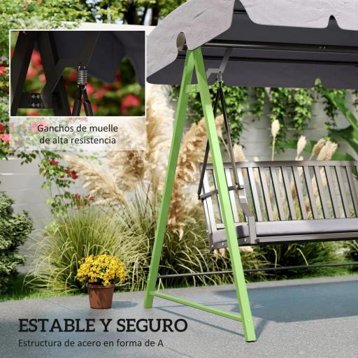 Columpio de Jardín de 3 Plazas con Toldo Ajustable Cojín y Estructura de Acero Carga 360 kg 205x133x181 cm Gris [6]