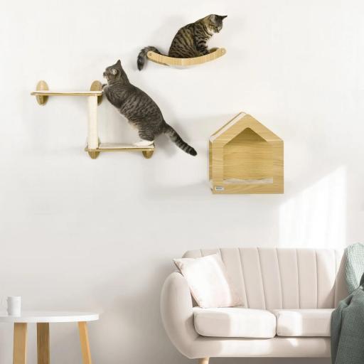 Juego de Escalada para Gatos de 3 Piezas Set de Pared con Estantes Cama Hamaca y Poste de Sisal Color Roble