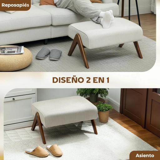 Reposapiés de Salón Taburete Bajo con Asiento Acolchado Patas de Madera para Sala de Estar Dormitorio 69x47x36 cm Beige [2]