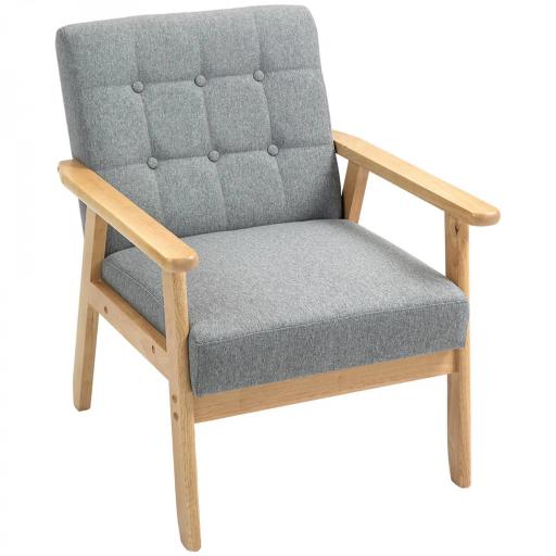 Butaca de Salón Tapizada en Lino con Reposabrazos y Marco de Madera de Caucho Carga 130 kg Gris Claro [8]
