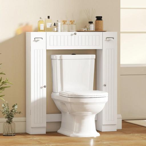 Mueble sobre Inodoro con 2 Armarios Cajón Abatible Portapapeles y Estantes Ajustables 88x18x98 cm Blanco [7]