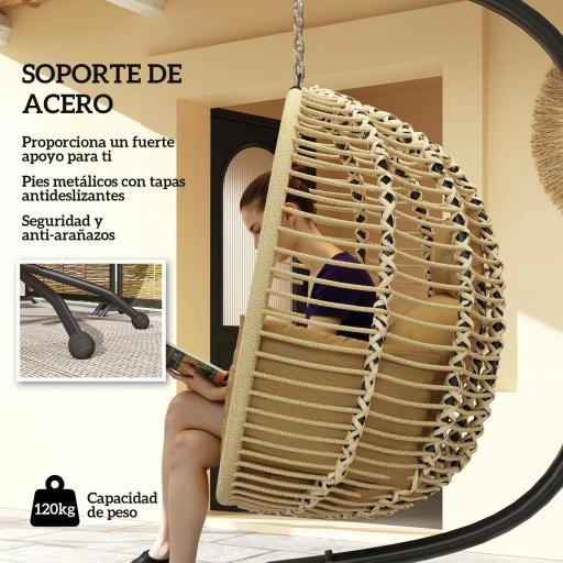Silla Colgante con Soporte Cesta Plegable Cojín y Reposacabezas para Interior y Exterior Carga 120 kg Beige [5]