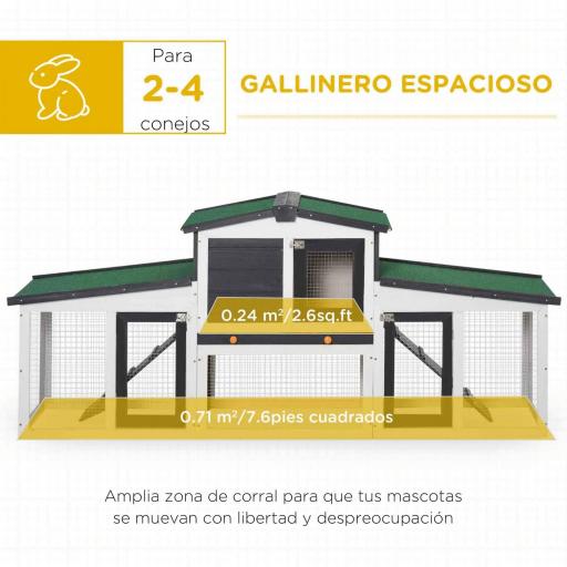 Conejera de Madera con Techo Abatible Escalera y Bandeja Extraíble Conejera para Exterior 197x49x86 cm Gris [4]