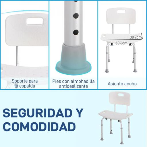 Silla para Ducha con Respaldo Altura Regulable y Antideslizante Carga 136 kg para Ancianos y Discapacitados [3]