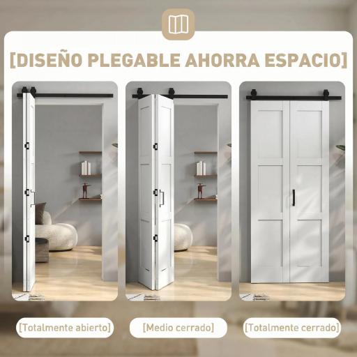 Puerta Corredera Plegable con Herrajes 91,4x213,4 cm con Rodillo Riel de Acero Guía de Suelo Manija Blanco [4]