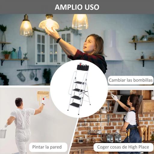 Escalera Plegable de 4 Peldaños Escalera de Tijera con Apoyabrazos y Portaherramientas 50x83x155 cm Blanco y Negro [8]