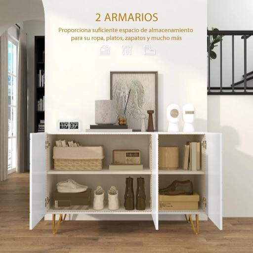 Aparador de Entrada con 3 Puertas y Estantes Ajustables para Cocina Sala 120x40x75 cm Blanco Brillante [4]