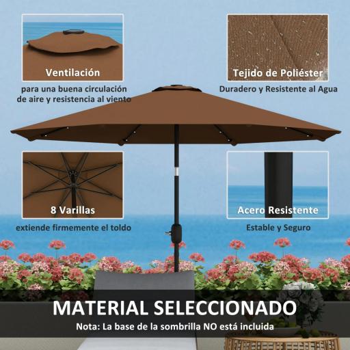 Sombrilla de Jardín Ø265 cm con 32 Luces LED Solares Manivela y Poste de Acero para Patio Terraza Marrón [6]