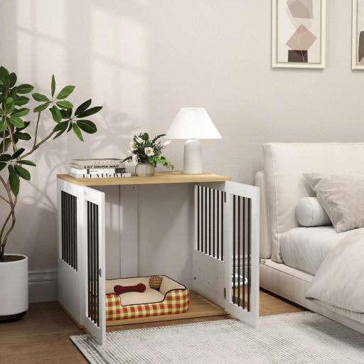 Jaula para Perros Medianos 2 en 1 con 2 Puertas con Puertas Comedero Giratorio de 360° y 2 Cuencos 80x55x71,5 cm Blanco [7]