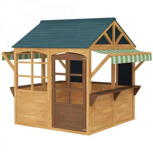 Casita de Juegos Infantil de Madera con Ventanas Pizarras Tejado y Toldo 173x117x144 cm Madera Natural [9]