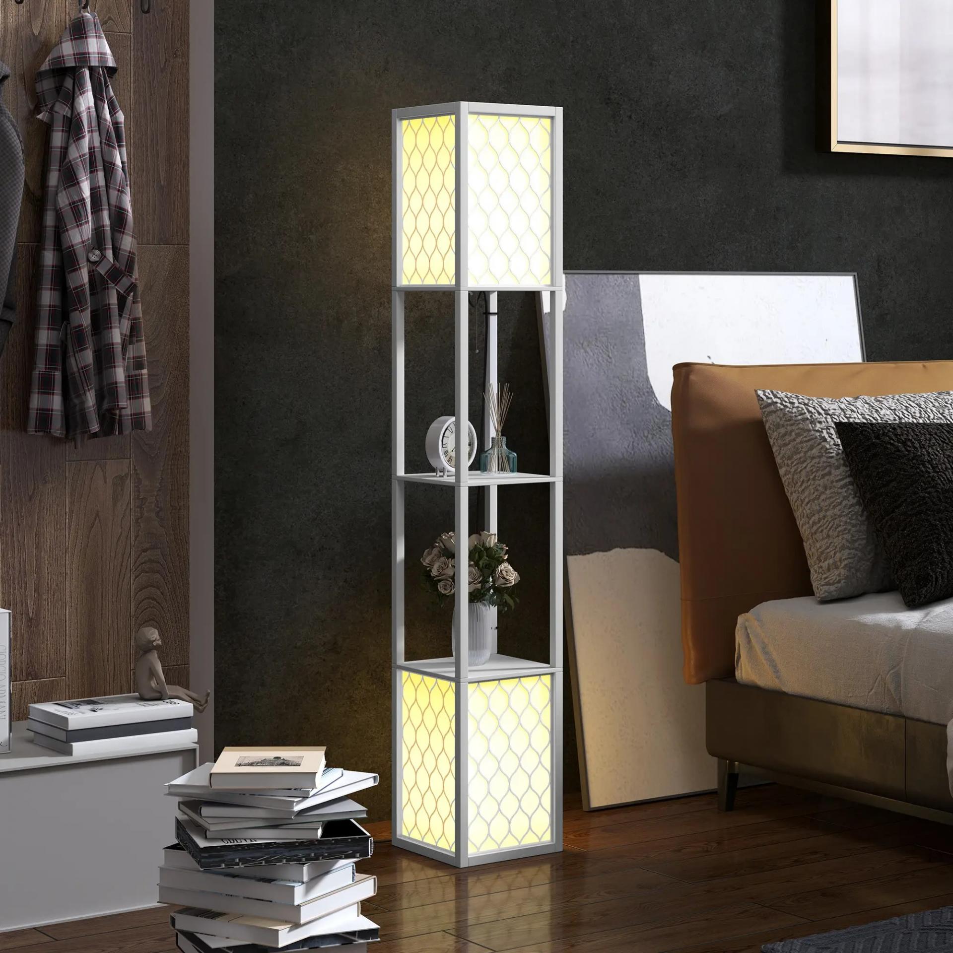 Lámpara de Pie Moderna con Estantes Pantallas de Malla e Interruptor de Cadena para Salón Dormitorio 26x26x156 cm Blanco