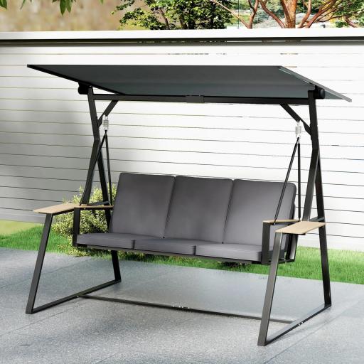 Columpio de Jardín Exterior de 3 Plazas con Techo Ajustable 2 Bandejas Cojines y Marco de Metal Carga 360 kg Gris [8]