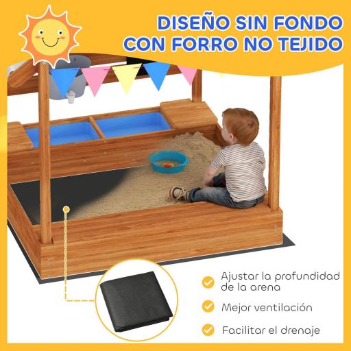 Arenero Infantil con Toldo 6 Banderines 2 Bandejas Grifo y Pizarra en Forma de Casa para Patio 124x116x146 cm Naranja [5]