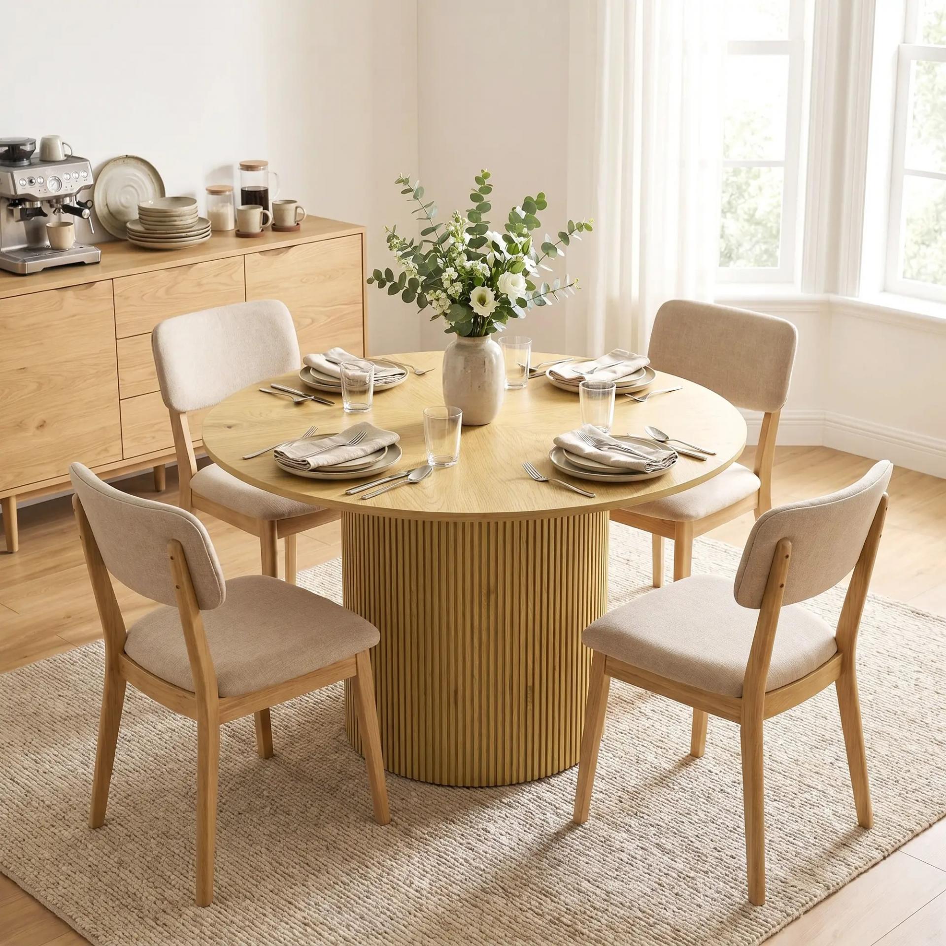 Mesa de Comedor Redonda Moderna para 4-6 Personas Mesa de Cocina de 110 cm con Base Cilíndrica Acanalada Roble