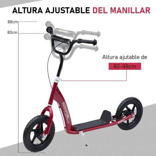 Patinete para Niños de 5-12 Años Scooter de 2 Ruedas Grandes de 12 Pulgadas con Freno y Manillar Ajustable en Altura Carga Máx. 50 kg 120x52x80-88 cm Rojo [7]