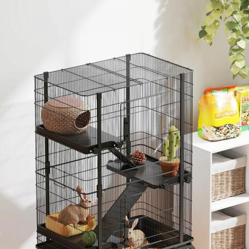 Jaula para Animales Pequeños de 4 Niveles con Ruedas Rampas Cuenco Botella de Agua 69x44x120 cm Negro [6]