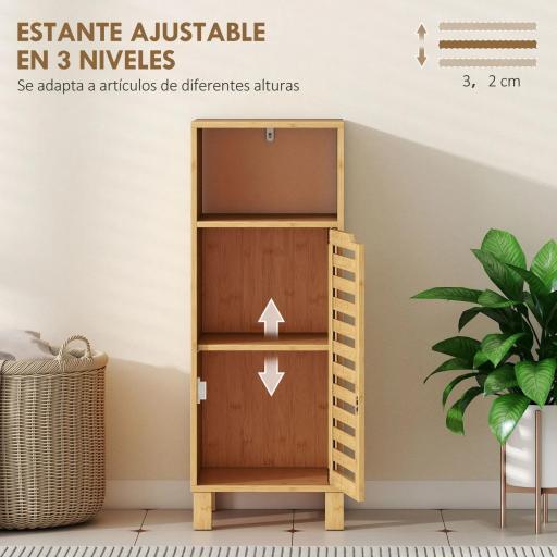 Mueble Auxiliar de Baño Estrecho con Puerta de Lamas Balda Abierto Estante Ajustable 30x30x80 cm Natural [4]