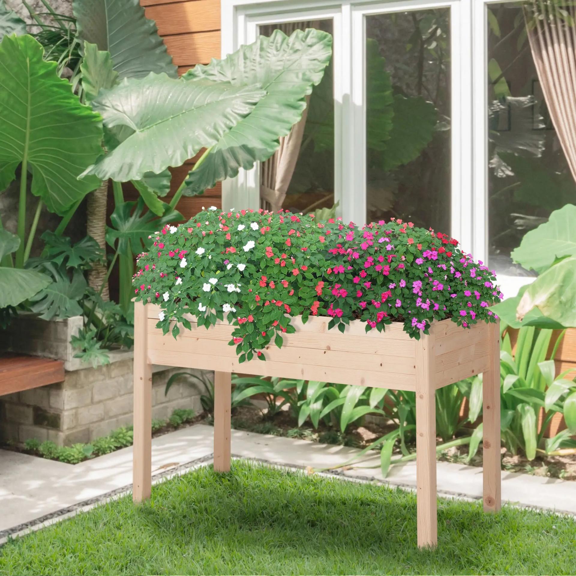 Huerto Urbano Elevado de Madera 122,5x56,5x76 cm con Tela no Tejida para Cultivos Plantas Flores Natural