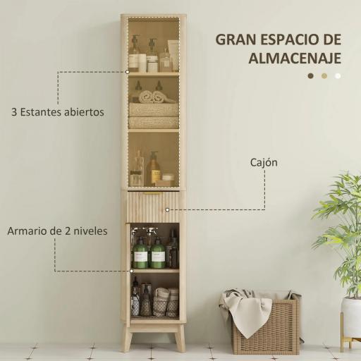 Columna Alta de Baño con Estantes y Cajón Diseño Compacto y Funcional para Espacios Reducidos 33x30x170 cm Tono Madera [4]