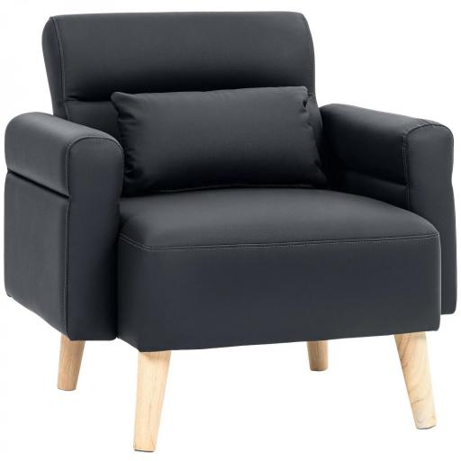 Sillón Tapizado en Cuero Sintético Respaldo con Costuras y Patas de Madera para Salón o Dormitorio 77x78x78 cm Negro [9]
